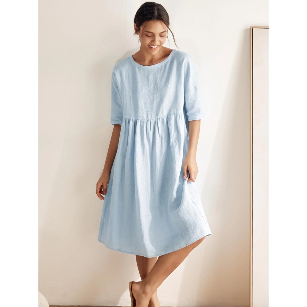 Lintico Large 100% Linen A-Line Midi Dress VALENCIA Blue